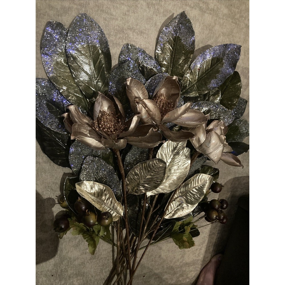 Holiday Floral Magnolia Leaves & Flowers (13 Stems) Grn/Slvr/Wht/Gold Christmas